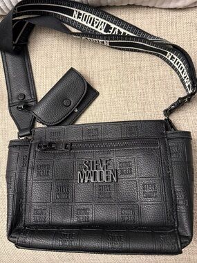 Steve Madden Black Embossed Leather Messenger Bag with Logo Strap